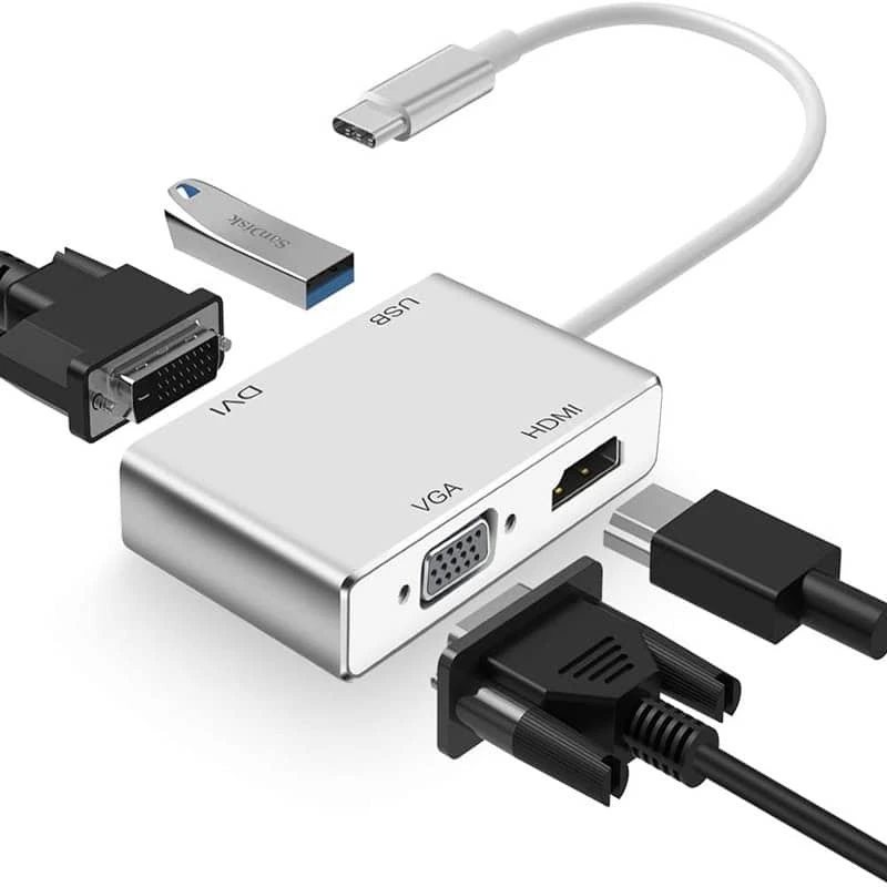 Concentrador adaptador USB-C a HDMI, DVI, VGA, USB 2.0 4 en 1 1
