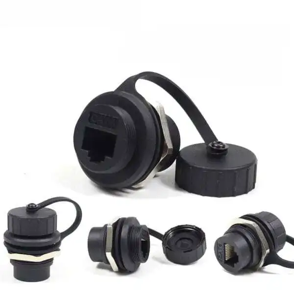 丸型 IP67 防水 RJ45 CAT6 UTP パネルマウントカプラ 1