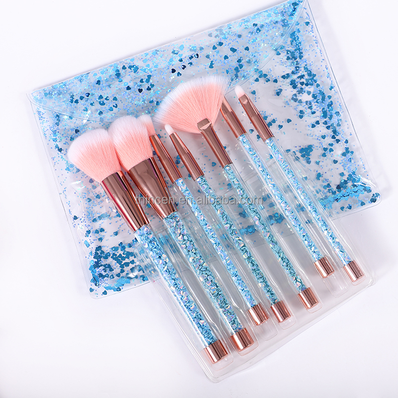 OEM Vegan 7pcs Crystal Handle Synthetic Makeup Brush Tools Private Label Blue Plastic Makeup Brush Set 22