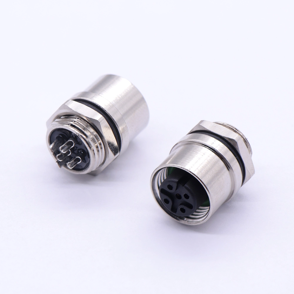 M12E circular metal plate rear-locking aviation socket, solded/PCB 1