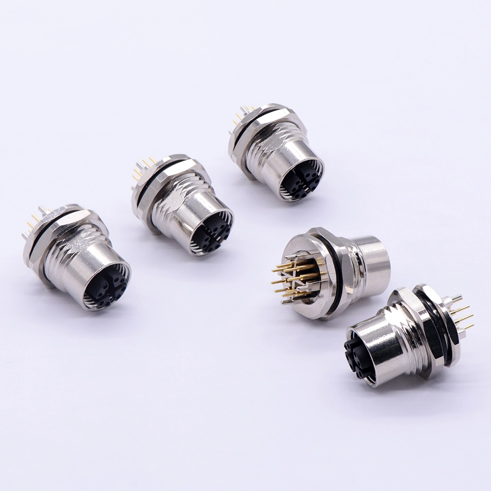 M12XF circular metal plate front-locking aviation socket X-codingd 8-pin Ethernet CAT6A (10 Gbps) device connector PCB/soldering 1