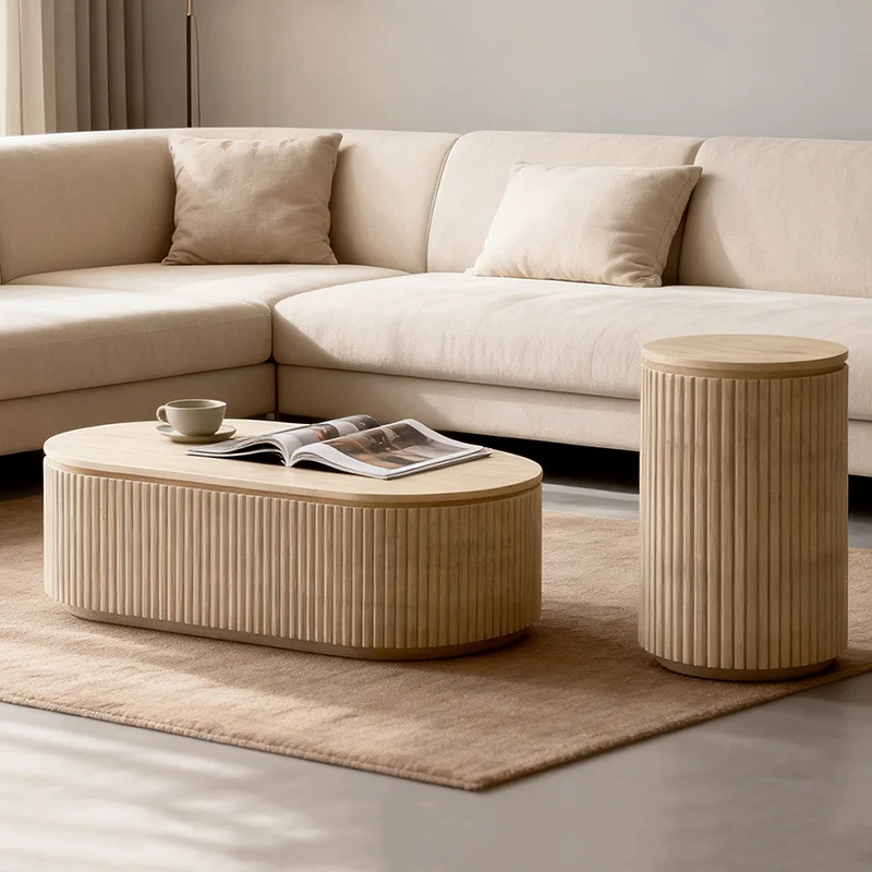 Beige Travertine Oval Coffee Table & Cylindrical Side Table 1