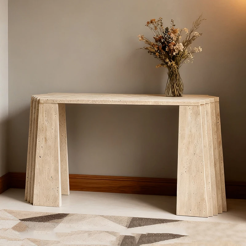 Beige Travertine Console Table – Elegant Entryway Statement Piece 1