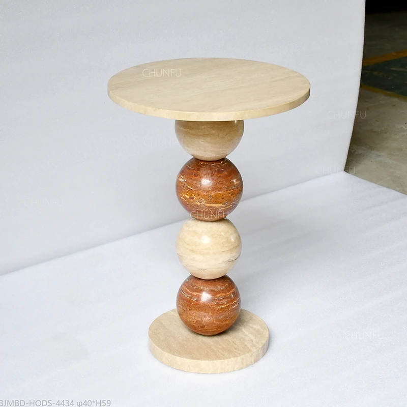 Travertine Side Table with Sculptural Ball Base Customizable 1