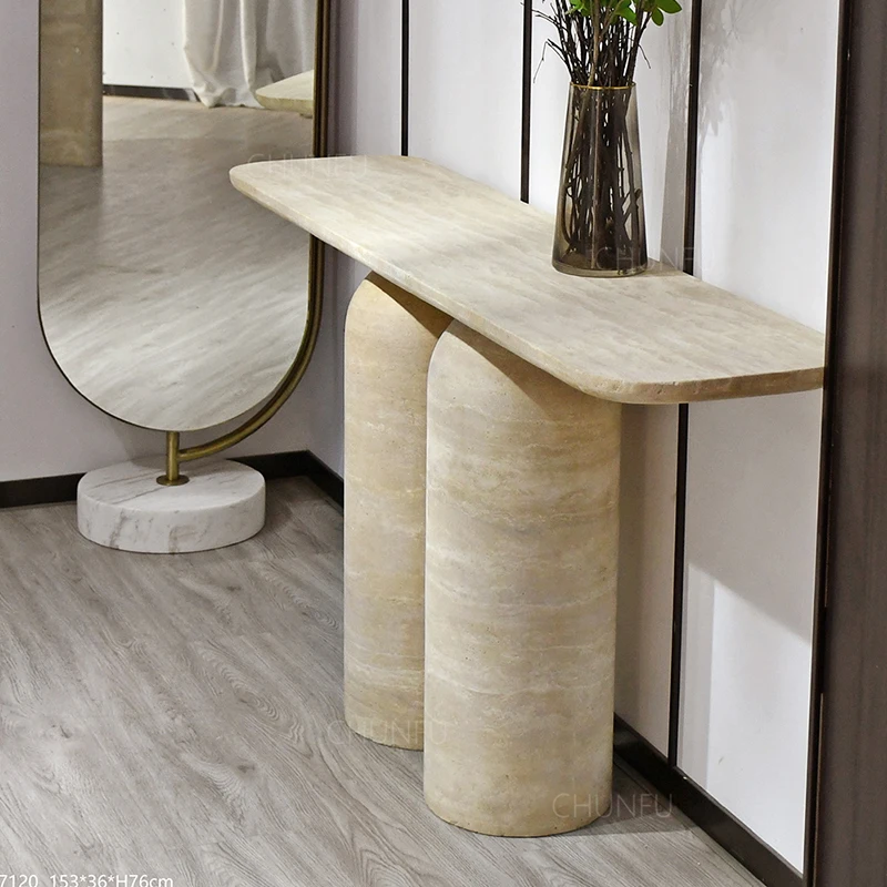 Beige Travertine Console Table – Dual Cylinder Base Entryway Design 1