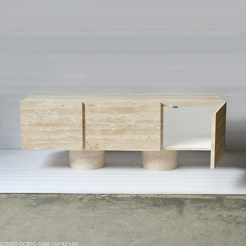 Beige Travertine Media Console – Cylinder Base Storage Cabinet 1