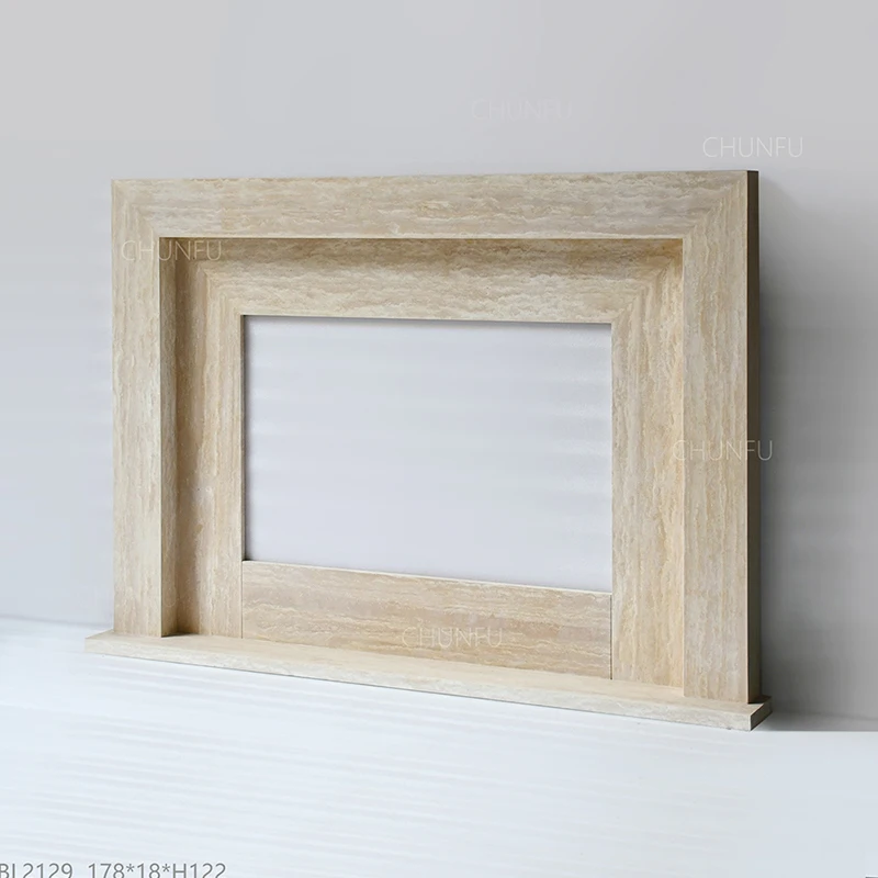 Slim Beige Travertine Fireplace Architectural Electric Hearth Frame 1