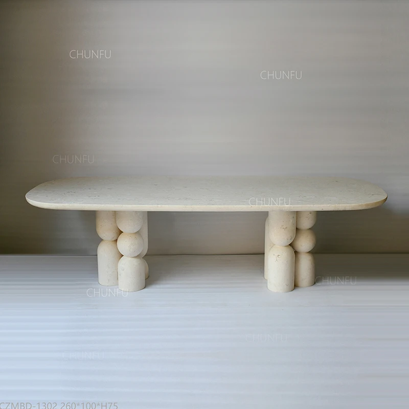 Pearl-Inspired Travertine Dining Table – 10-Seater Structural Art Piece 1