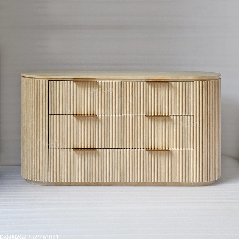 Cylindrical Travertine Nightstand with Triple Drawers 1