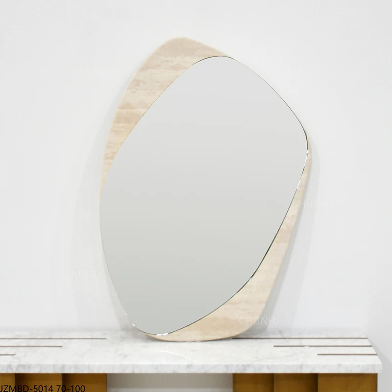 Organic Oval Travertine Mirror – Raw Stone & Glass Contrast 1