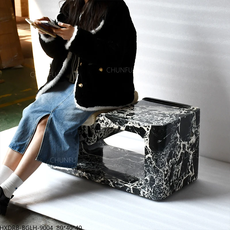 Black Marble Stool – Fabric Cushion & Sculptural Stone Frame 1