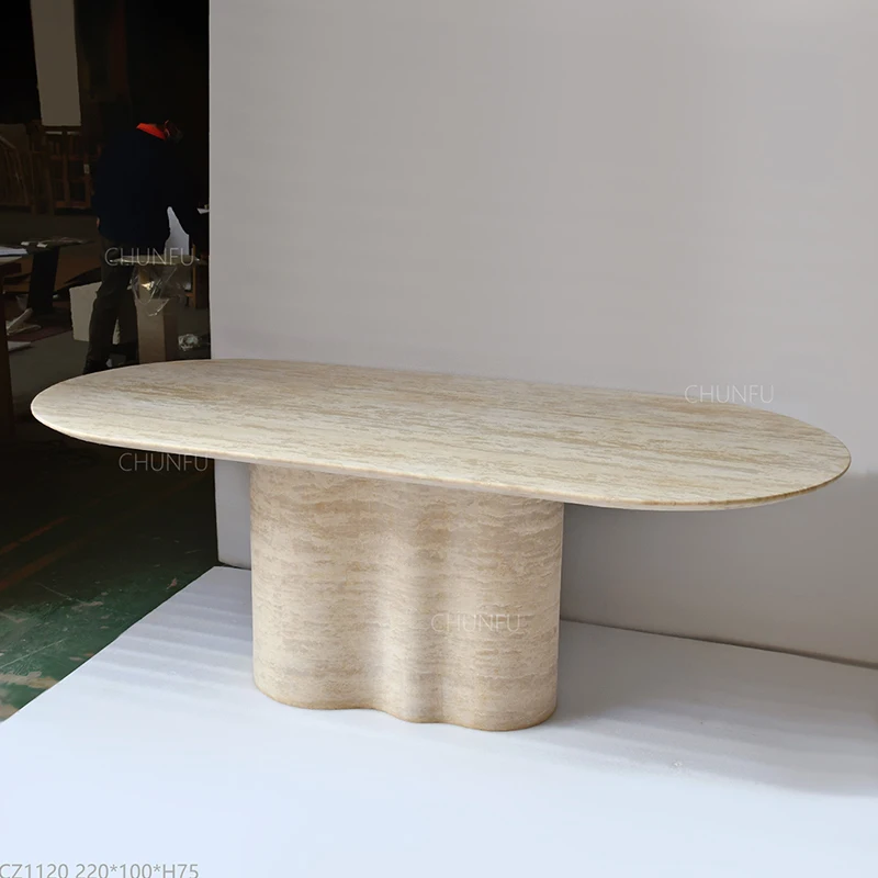 Organic Flow Travertine Dining Table with Wavy Cylinder Base 1