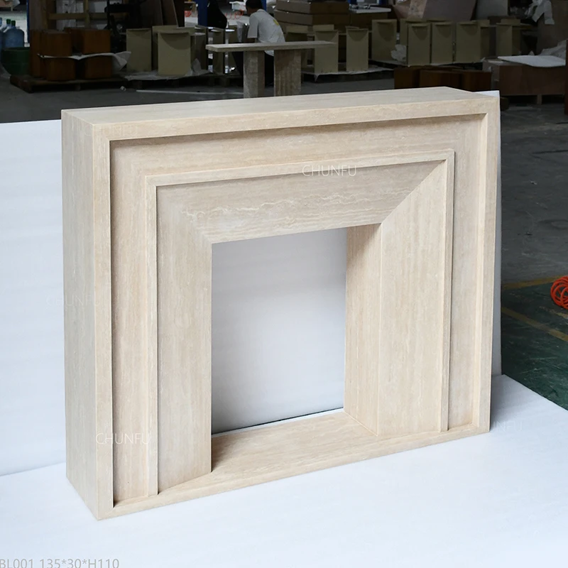 Beige Travertine Modern Electric Fireplace Surround 1