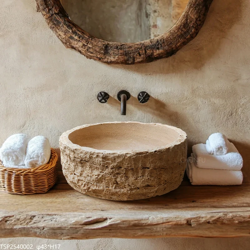 Travertine bathroom vanity Organic Texture Bathroom Centerpiece 1
