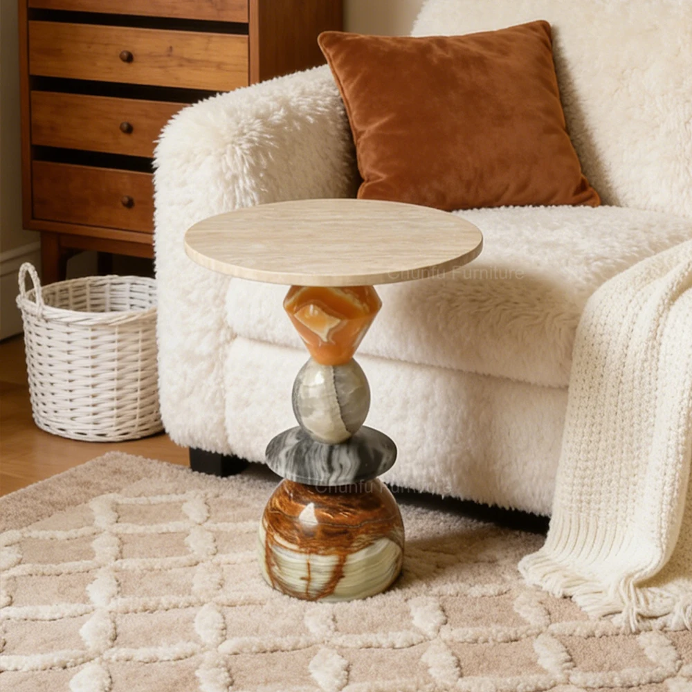 Geometric Combination Natural Stone Side Table with Colorful Jade Stone Inlay for Living Room 1