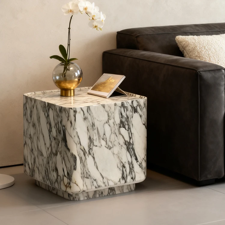 Arabescato Marble Cube Side Table Minimalist Floating Accent Table 1