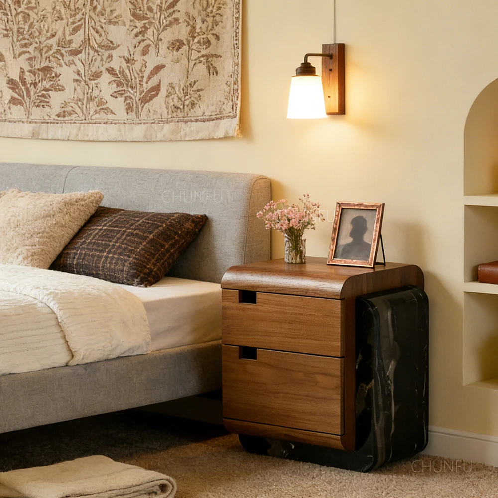 Wood & Stone Sculptural Nightstand  Modern Luxury Accent Bedside Table 1