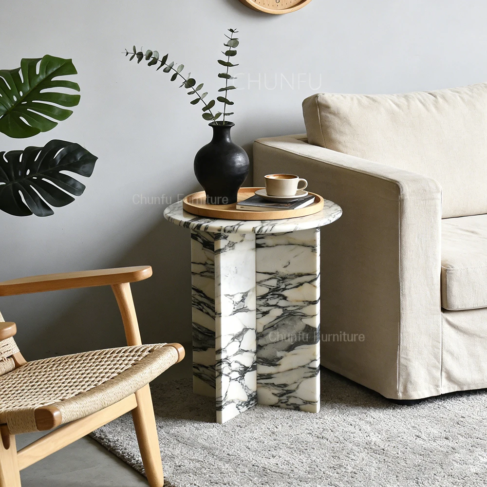 Natural Carrara White Marble Side Table  Modern Minimalist Geometric End Table 1