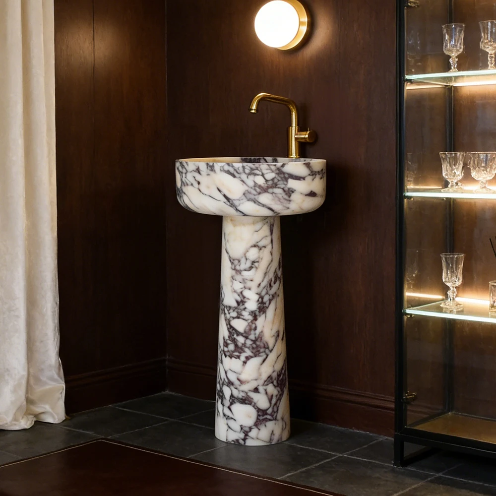 Round Vessel Sink Calacatta Viola Marble Pedestal Sink for bathroom 1