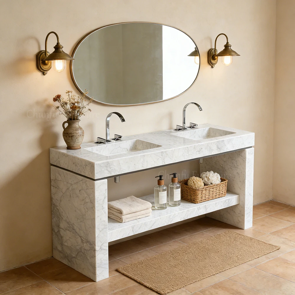 Carrara White Marble Double Vanity   Integrated Basin Bathroom Vanity 1