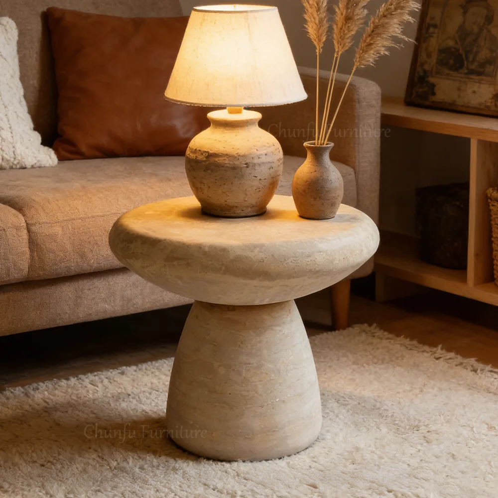 Natural Travertine Side Table  Round Stone Accent Table for living room 1