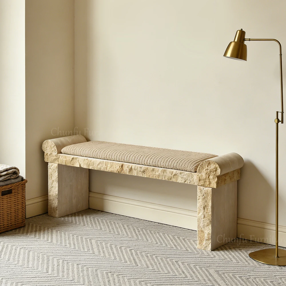 Rustic Elegance Textured Travertine Bench  Crushed-Edge Stone Bench for livingroom 1