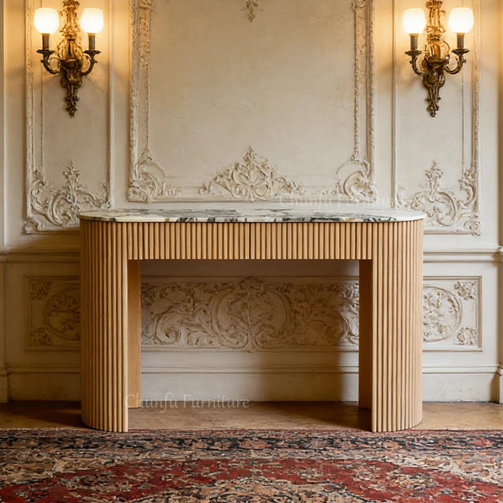Luxury  Marble Console Table  Fluted Wood Base Entryway Table 1