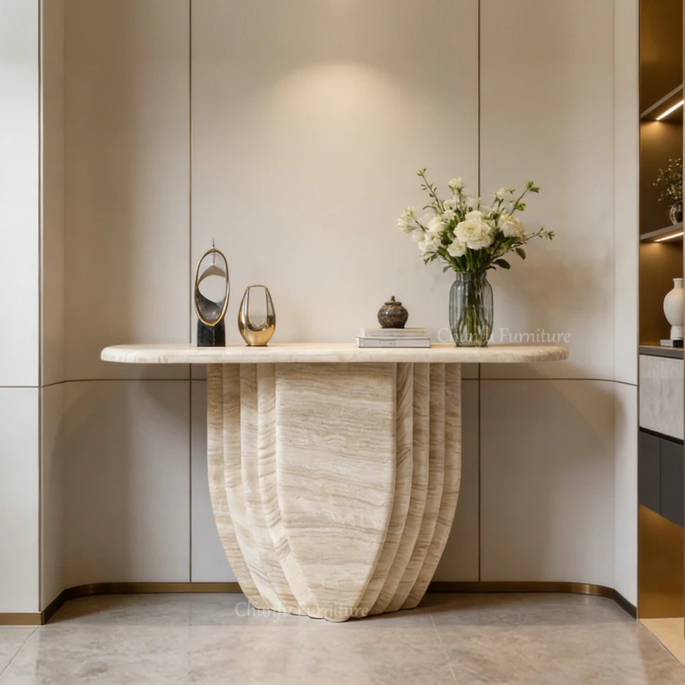 Carved Travertine Entryway Console  1.35m Oval Stone Console Table 1