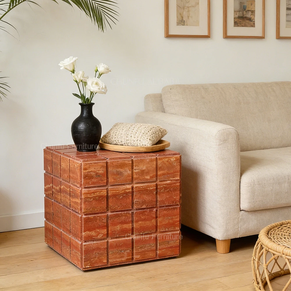 Natural Red Travertine Side Table Cubic Raw Stone Accent Table for livingroom 1