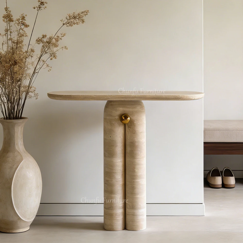 Modern Light Luxury Beige Travertine Console Table  Sculptural Single-Base Entryway Table 1