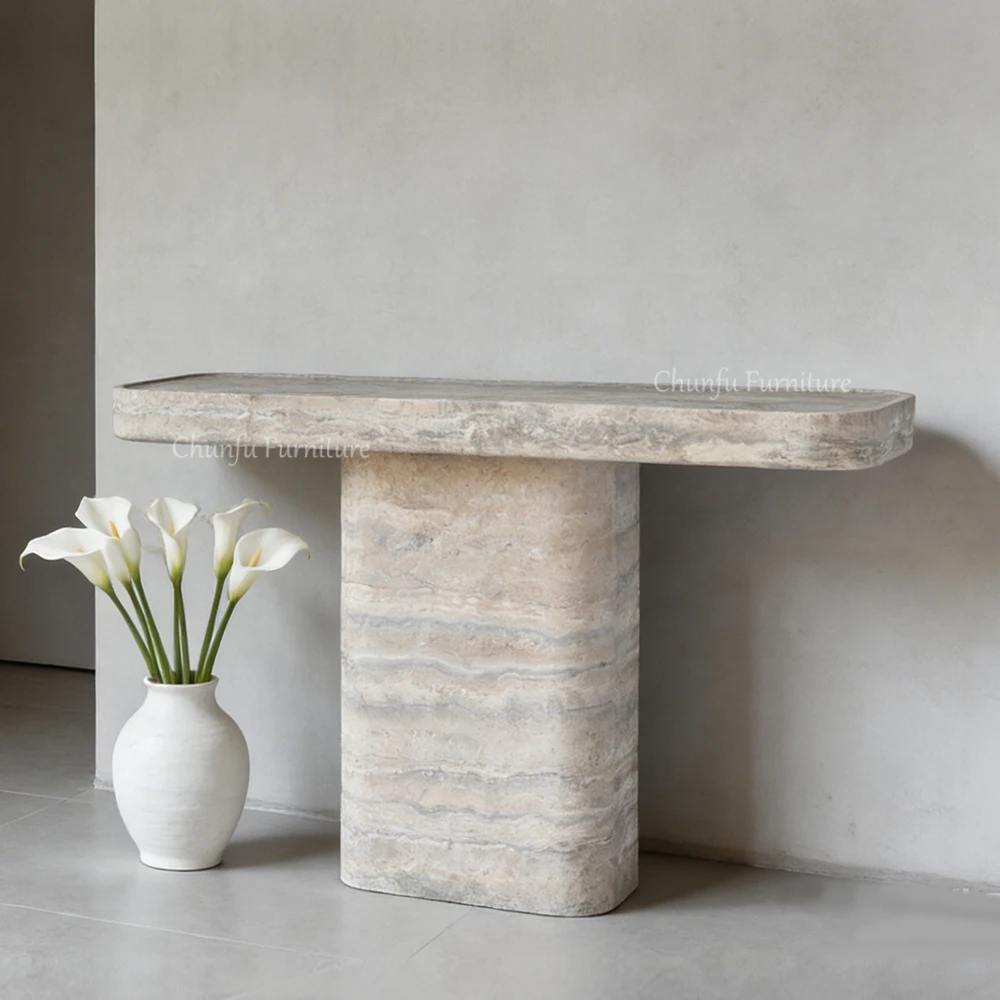 Modern Minimalist Travertine Console Table Natural Stone Sculpted Enter Table 1