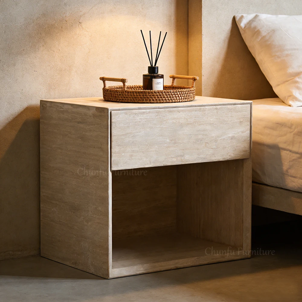 Modern Travertine Nightstand  Natural Stone Bedside Table with Drawer for bedroom 1