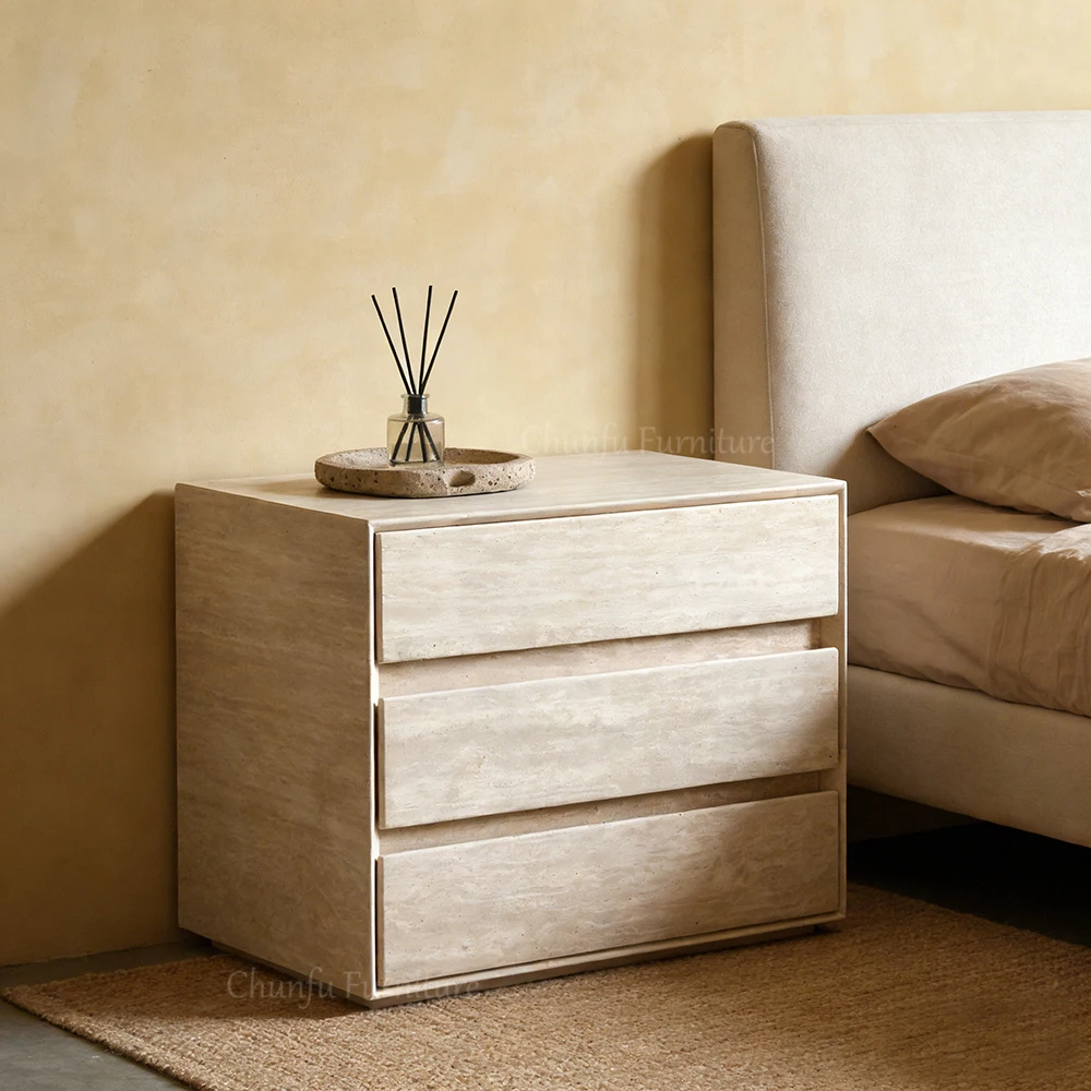 Natural Travertine Three Drawer Chest   Minimalist Stone Storage Cabinet 1
