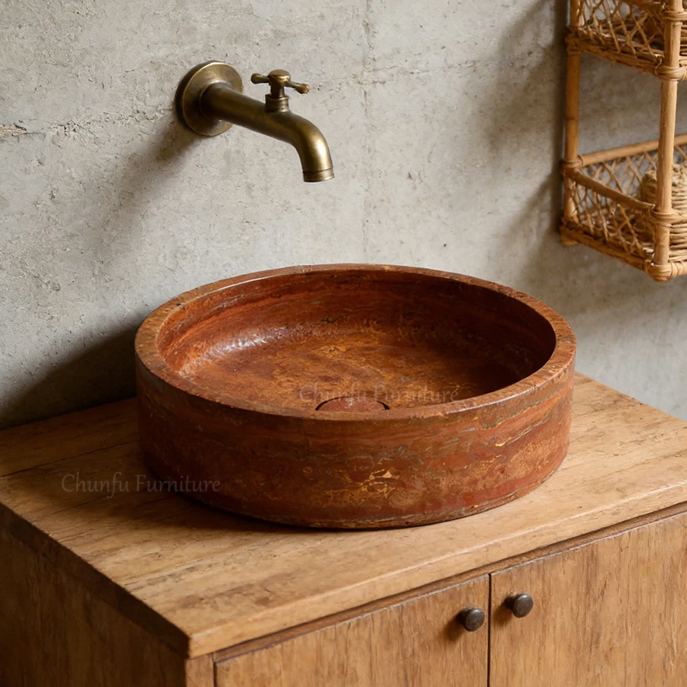Natural Red Travertine Vessel Sink  Minimalist Cylindrical Stone Bathroom Basin 1