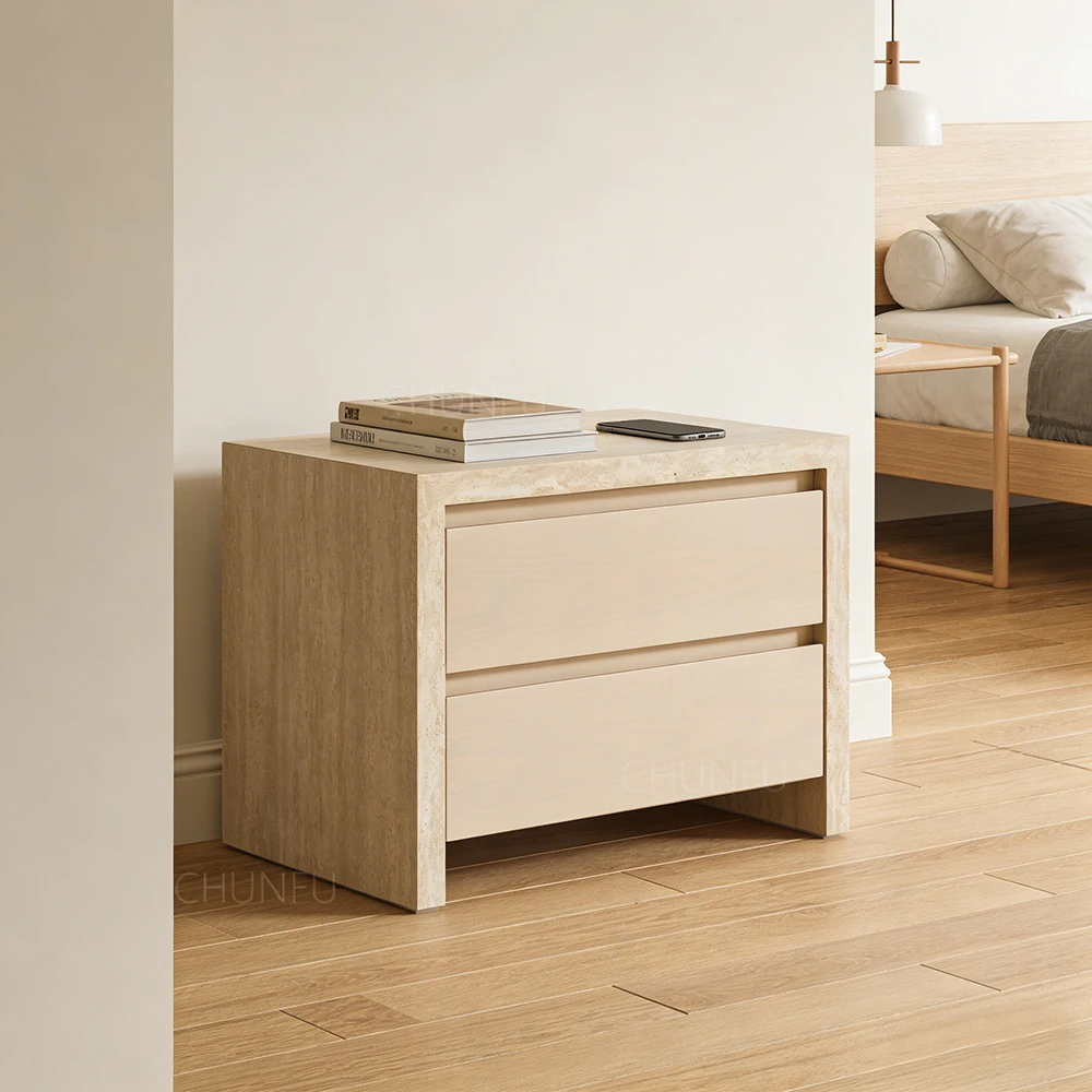 Natural Travertine & Wood Floating Cabinet with Double Drawer Nightstand for livingroom 1