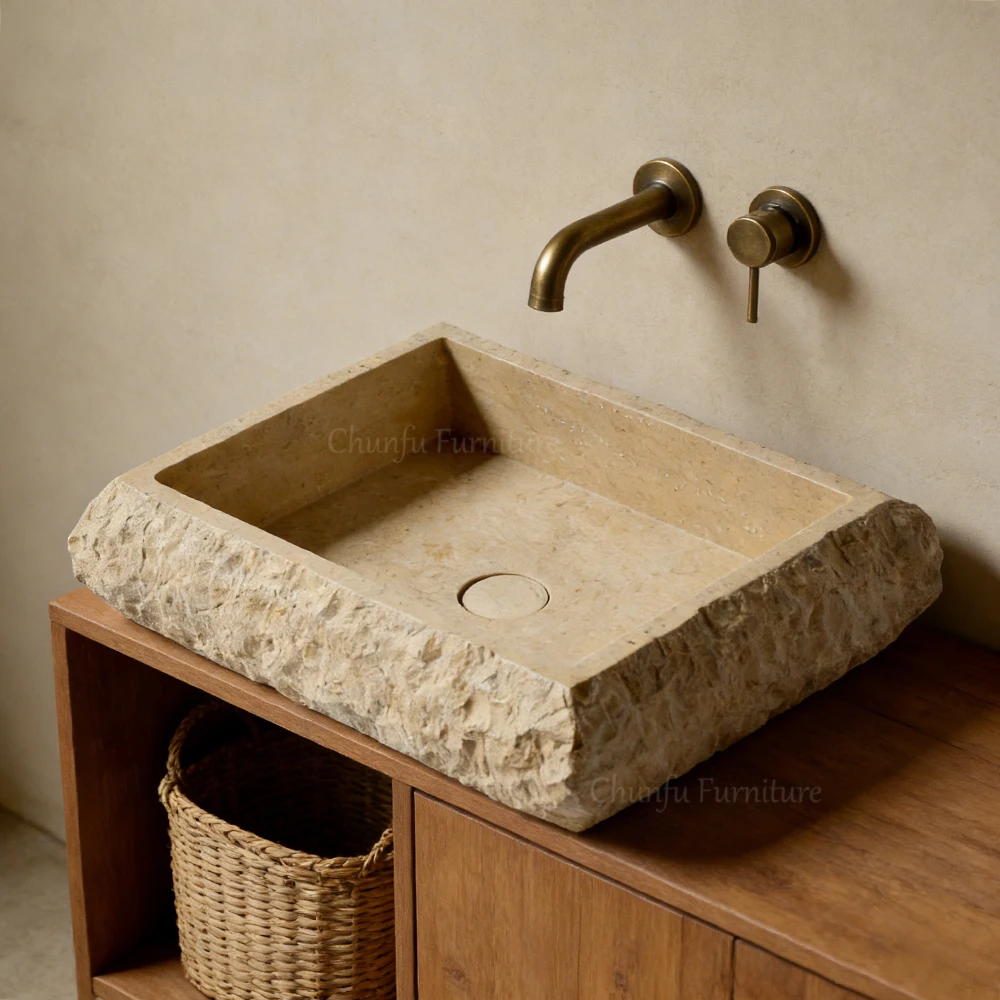 Natural Beige Marble Vessel Sink  Square Rough Edge Minimalist Bathroom Basin 1