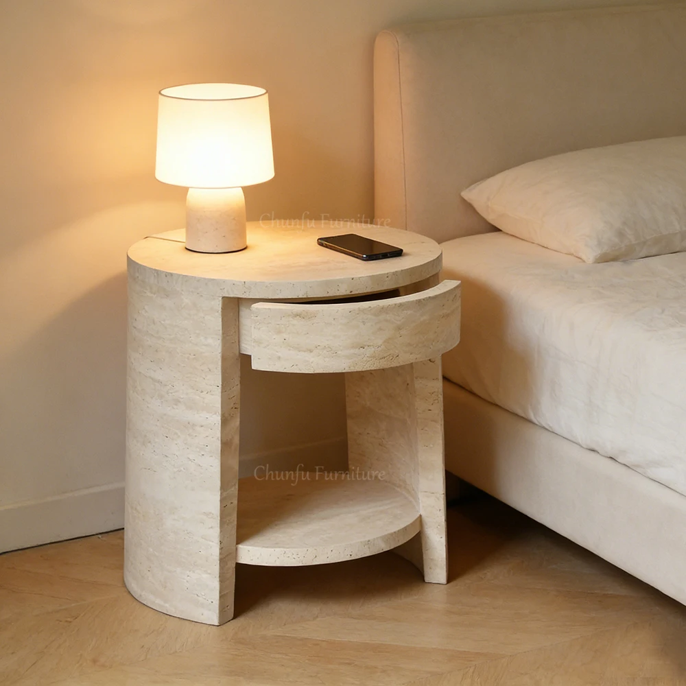 Natural Travertine Bedside Table  Round Stone Nightstand with Drawer for bedroom 1