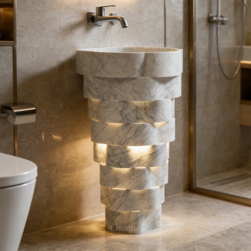 Carrara White Marble Freestanding Vanity Sink Sculptural Art Stone Basin 1