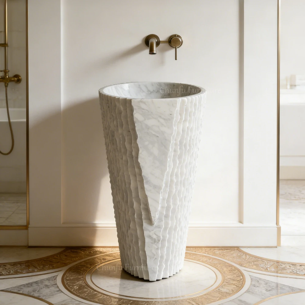 Natural Marble Freestanding Pedestal Vanity  Light Luxury Artistic Bathroom Basin 1