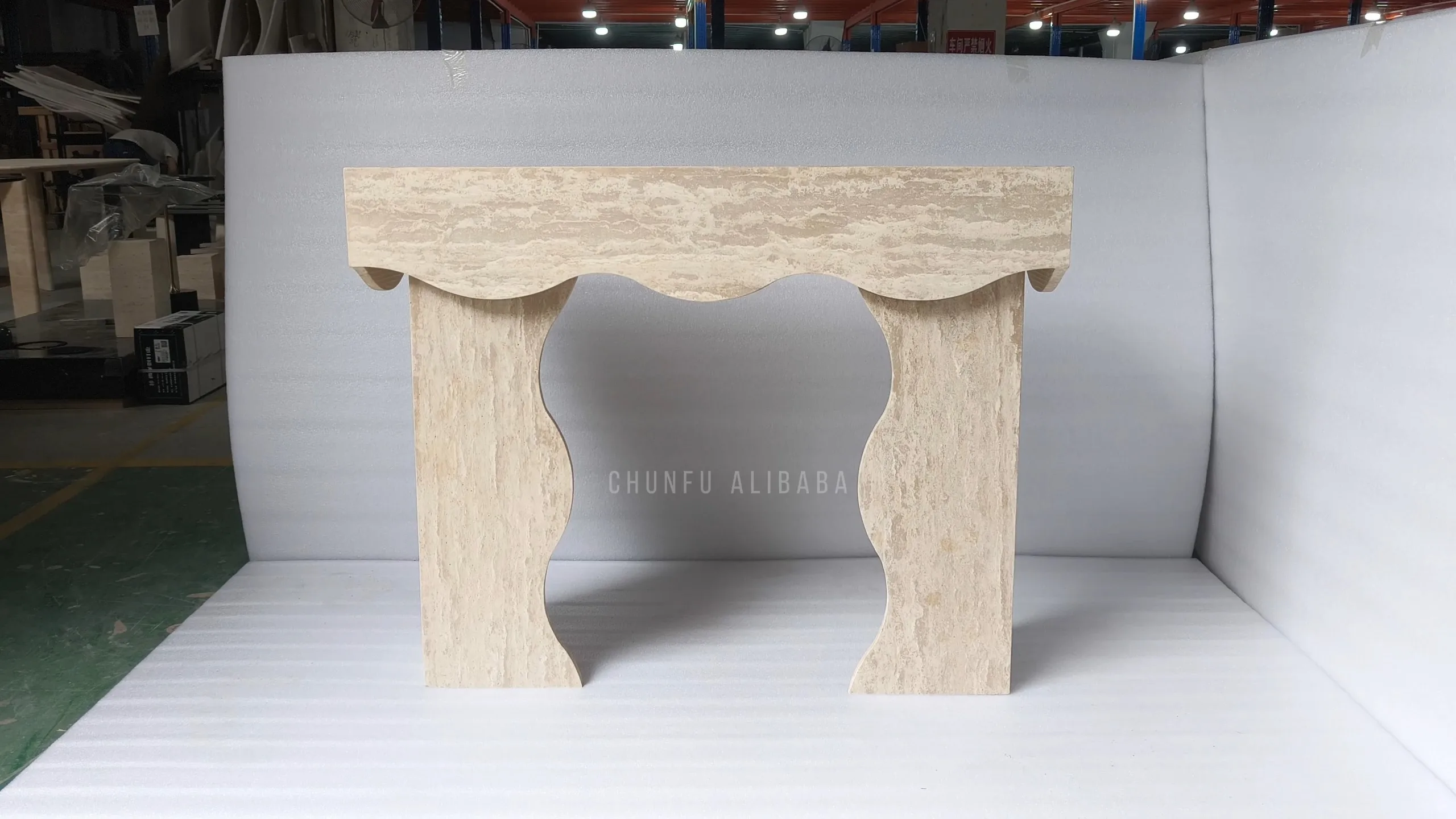 Artistic Beige Travertine Console Table   Wavy Curve Stone Entry Table 1