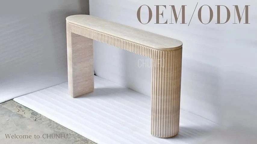 Natural Travertine Fluted Console Table  Modern Wabi-Sabi Entryway Table 1