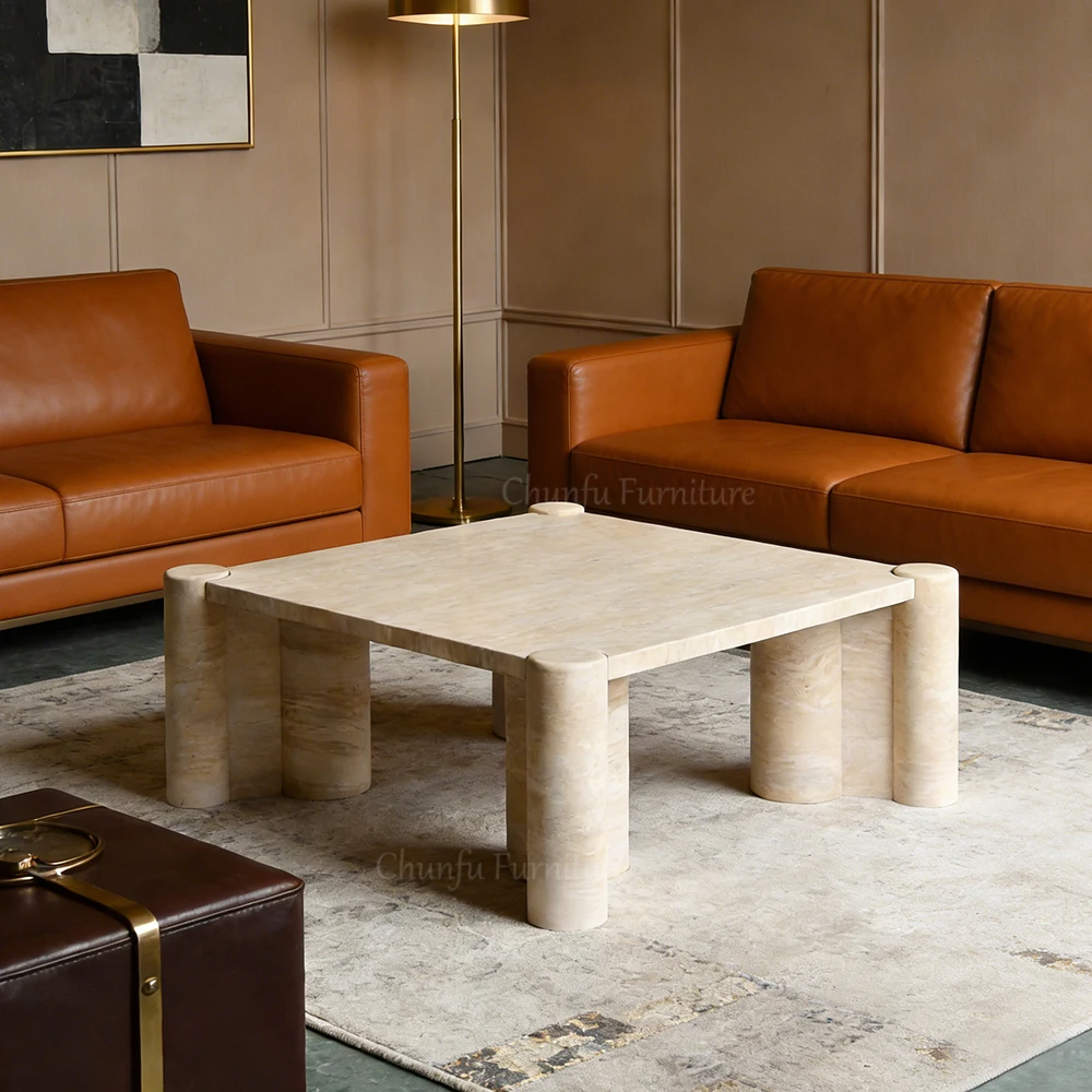 Natural Travertine Modern Coffee Table  Semi-Cylindrical Leg Stone Center Table 1