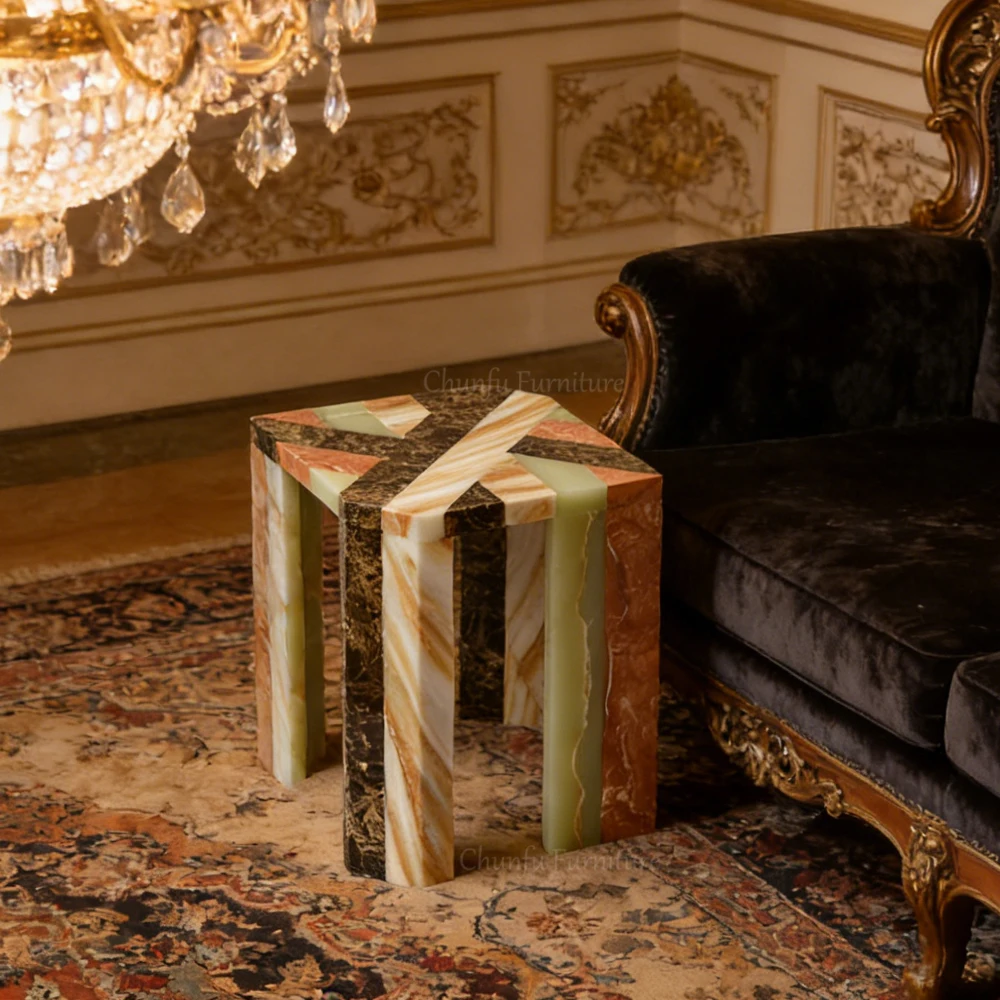 Natural jade Side Table  Multi-Stone Art Side Table  Luxury Accent Table 1