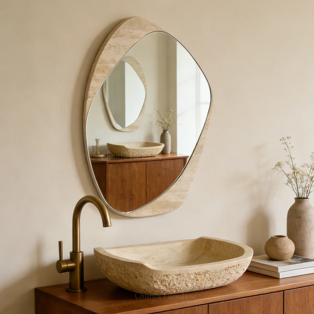 Modern Minimalist Asymmetric Travertine Frame Decorative Mirror 1