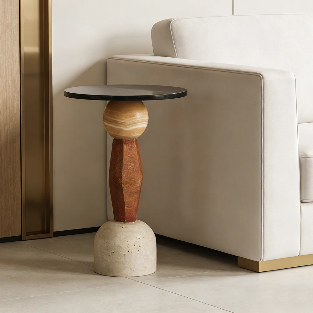 Artistic Stone Accent Table with Onyx and Travertine  Modern Luxury Side Table 1