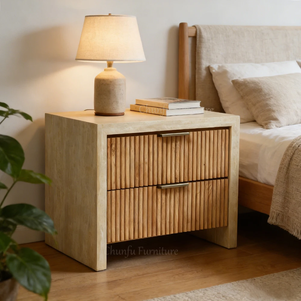 Travertine & Fluted Wood Nightstand  Bedside Table with 2 drawers for bedroom 1