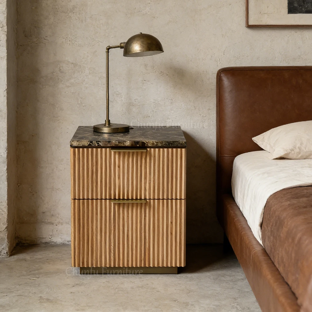 Fluted Oak  Marble Nightstand  Modern Luxury Bedside Table 1