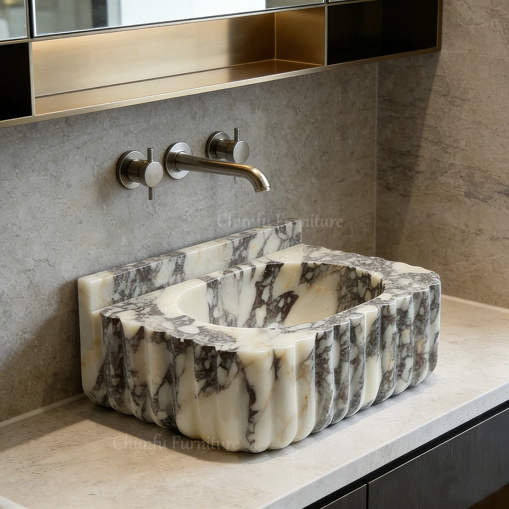 Calacatta Viola Marble Fluted Vessel Sink  Dual-Tier Luxury Bathroom Basin 1