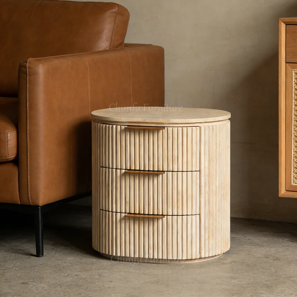 Fluted Travertine Curved Nightstand & Dresser   Stone Storage Collection 1