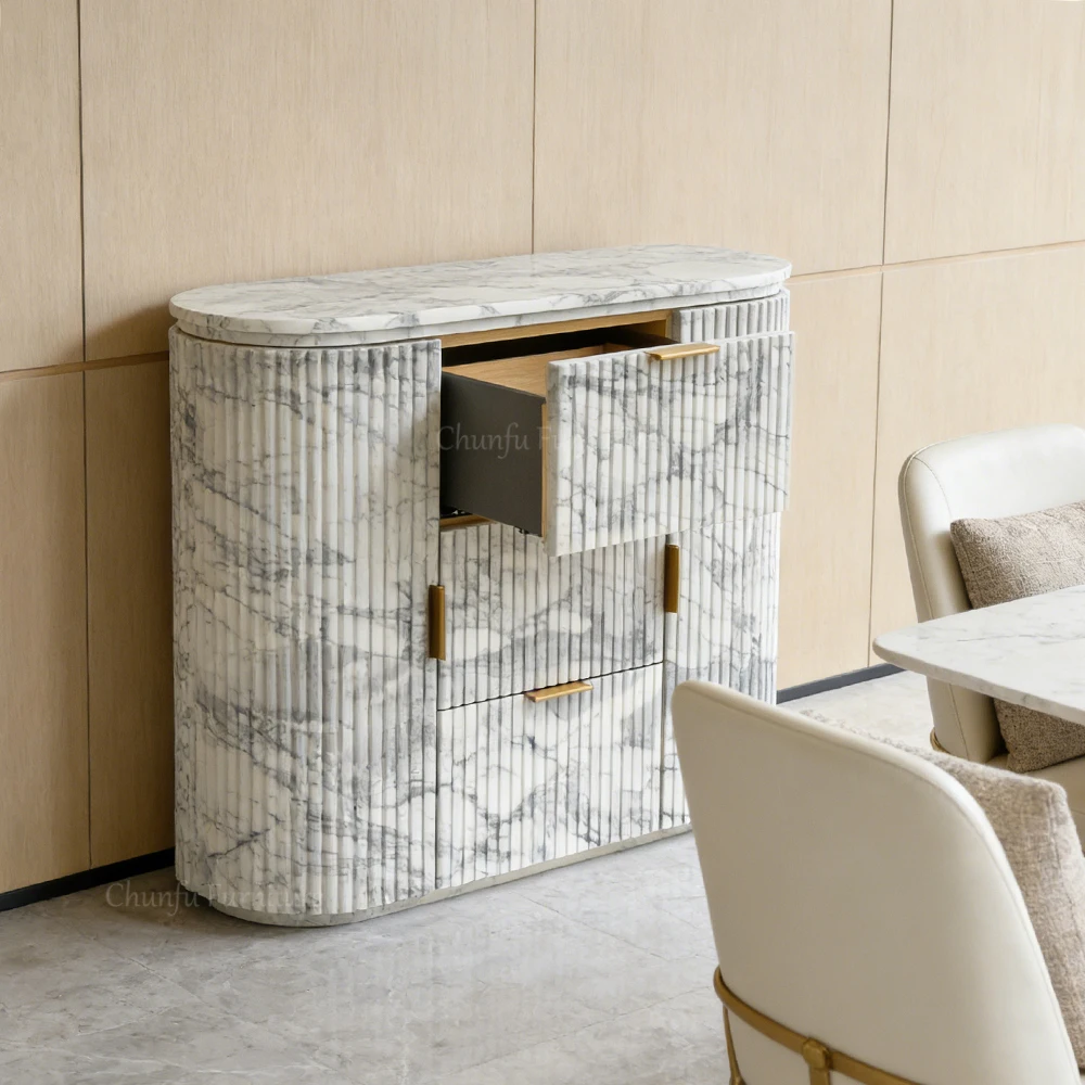 Fluted Calacatta Marble Accent Cabinet   Luxury Modern Storage Credenza 1
